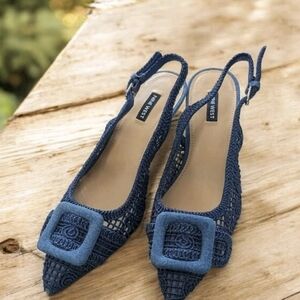 Nine West Blue Crochet Slingback Heels